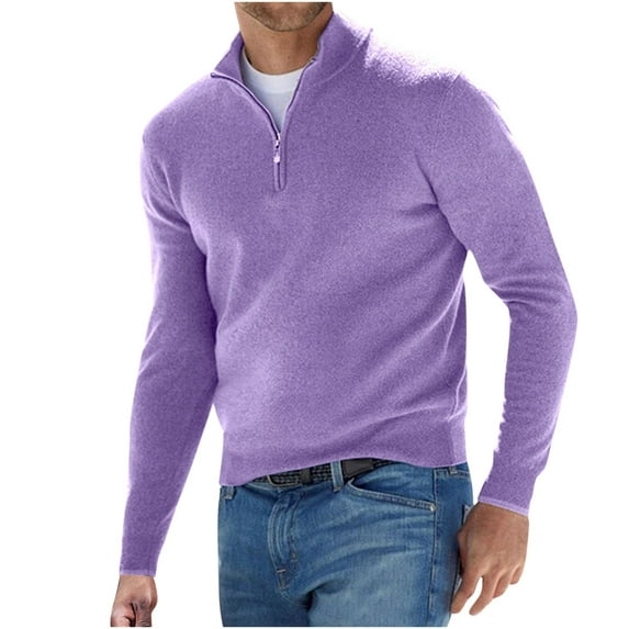 Puntoco Plus Size Coat Clearance Men's Wool Sweater Stand Up Collar Solid Long Sleeved Knitted Pullovers Purple 12(XXL)
