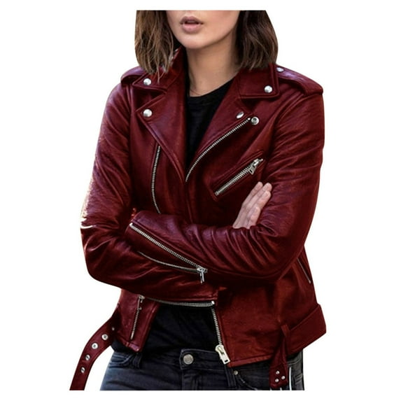 Puntoco Plus Size Coat Clearance,Women Cool Faux Leather Jacket Long Sleeve Zipper Fitted Coat Fall Short Jacket Wine