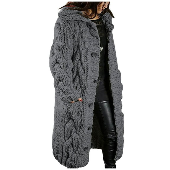 Puntoco Plus Size Coat Clearance Women Hood Cardigan Large Size Sweater Pocket Single Breasted Long Sleeves Coat Dark Gray 14(XXXL)