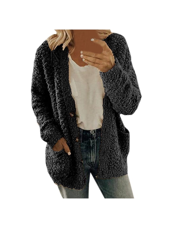 Plus Size Coat Clearance,Women Plus Size Plush Sweater Pockets Outerwear Buttons Cardigan Coat Black