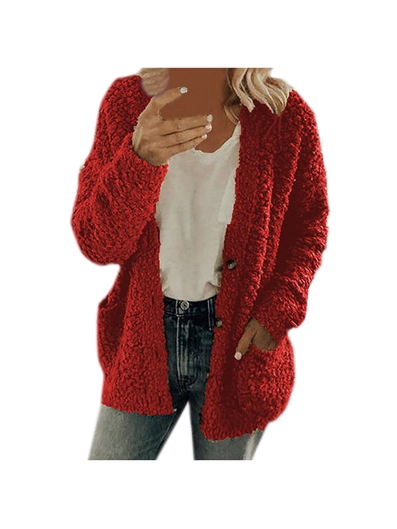 Plus Size Coat Clearance,Women Plus Size Plush Sweater Pockets Outerwear Buttons Cardigan Coat Red
