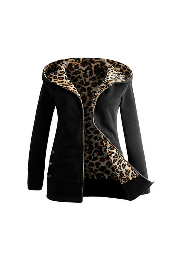 Plus Size Coat Clearance Womens Warm Coat Jacket Winter Leopard Long Sleeve Outerwear Black 10(XL)