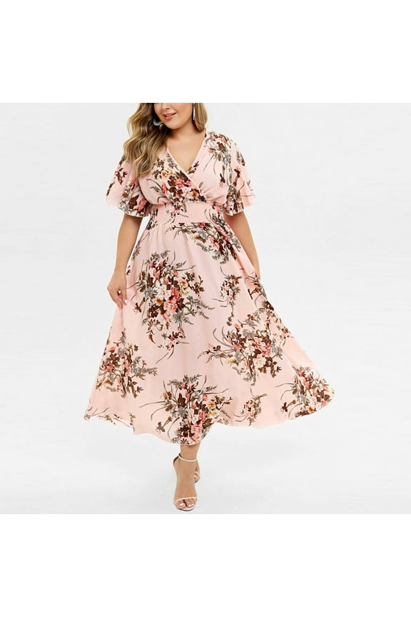 Plus Size Dress Fashion Women Floral Printed V-Neck Short Sleeve Casual Dress Pink 14(XXXL)