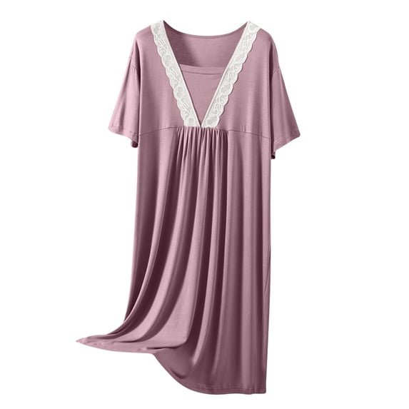 Puntoco Plus Size Lace Trim Modal Maxi Nightgown, Fake Two-Piece V Neck Loose Curvy Loungewear Dress