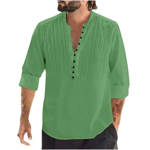 Puntoco Plus Size Long Sleeve Men V-neck Long Sleeve Pullover Breathable Shirt Blouse Tops Green 14(XXXL)