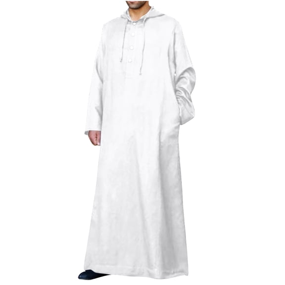 Puntoco Plus Size Long Sleeve Men's Muslim Robe Set Arab Middle Robe Long Sleeve Hooded Button Robe White 10(XL)