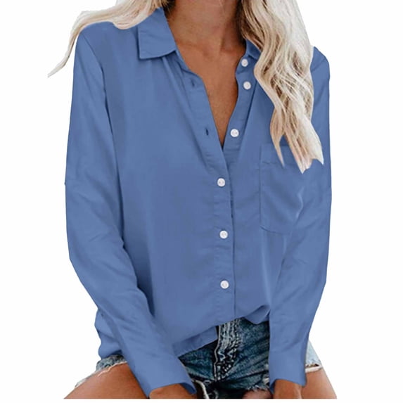 Puntoco Plus Size Long Sleeve Woman Button Blouse Long Sleeve T-Shirt Summer Tops Light Blue XXL