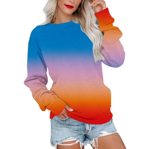 Puntoco Plus Size Long Sleeve Women's Long Sleeve Print Sweatshirt Tops Blouse Blue 6(M)