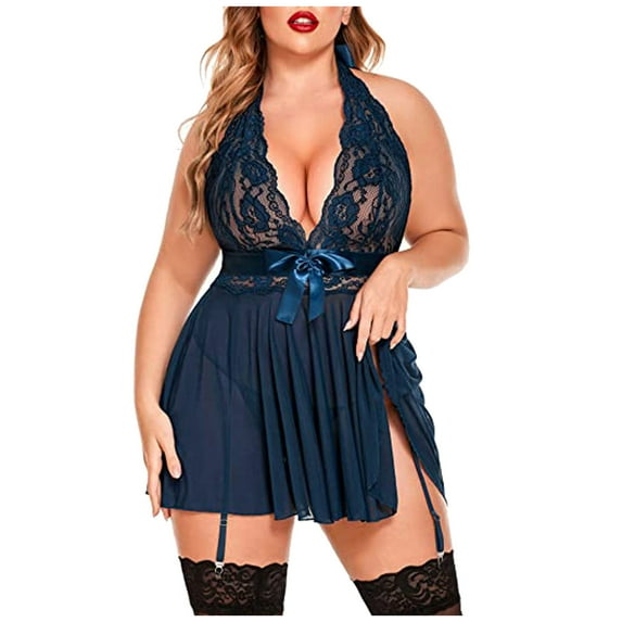 Puntoco Plus Size Nightdress Clearance,Plus Size Women Lingerie Lace Halter Nightgown Underwear Nightdress +T-String Sleepwear Suit Navy XXXL(XXXL)