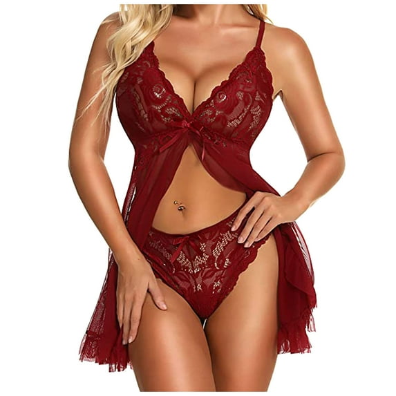 Puntoco Plus Size Nightdress Clearance,Women Mesh Lingerie Lace V-Neck Nightgown Babydoll Underwear Sleepwear Nightdress +Panties Wine M(M)
