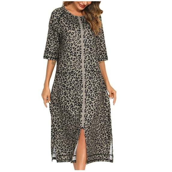Puntoco Plus Size Nightdress Clearance,Women's Warm Nightgown Autumn and Winter Nightdress Zip with Pokets Loose Pajamas Khaki 12(XXL)