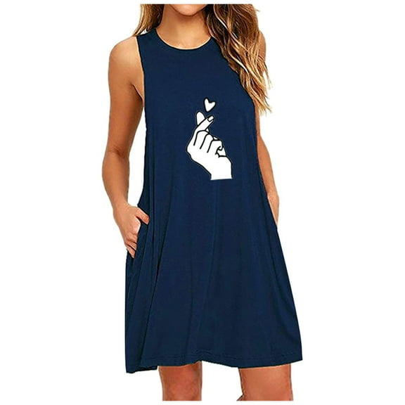Puntoco Plus Size Nightdress Clearance,Womens Pocket Printing Sleeveless Nightdress Dresses Navy 6(M)