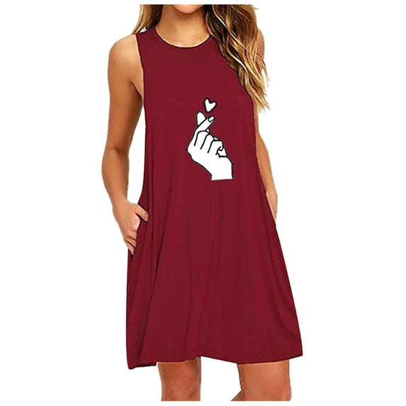 Puntoco Plus Size Nightdress Clearance,Womens Pocket Printing Sleeveless Nightdress Dresses Wine 16(XXXXL)