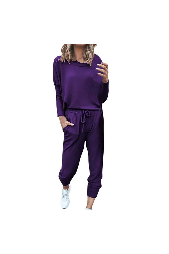 Plus Size Pants Clearance,Women'S Two-Piece Solid Top Pants Sets Long Sleeve Wear Sports Suit Purple 14(Xxxl)