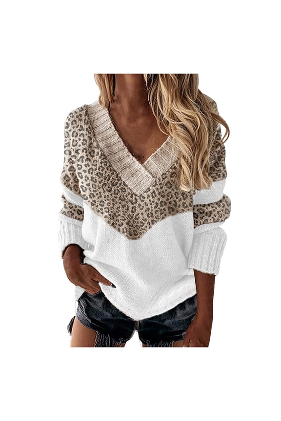 Plus Size Top Clearance,Woman Tops Classic V-Neck Long Sleeve Leopard Color Block Loose Knit Sweater Hedging Sweater Beige M(M)