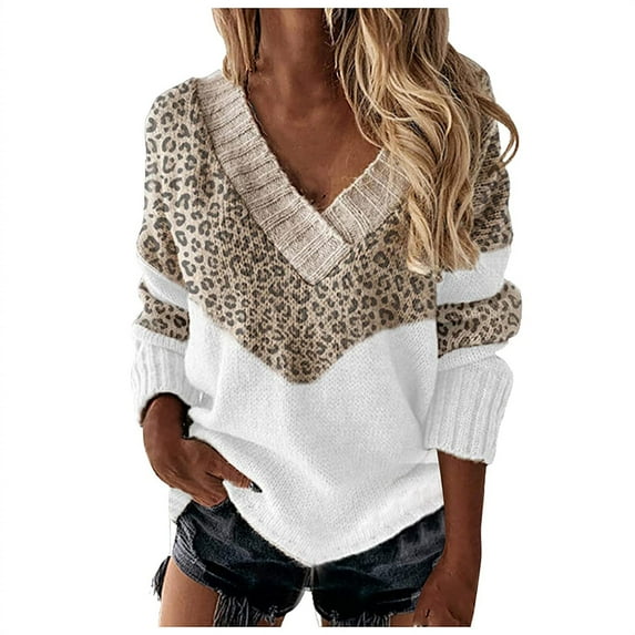 Puntoco Plus Size Top Clearance,Woman Tops Classic V-Neck Long Sleeve Leopard Color Block Loose Knit Sweater Hedging Sweater Beige XXL(XXL)