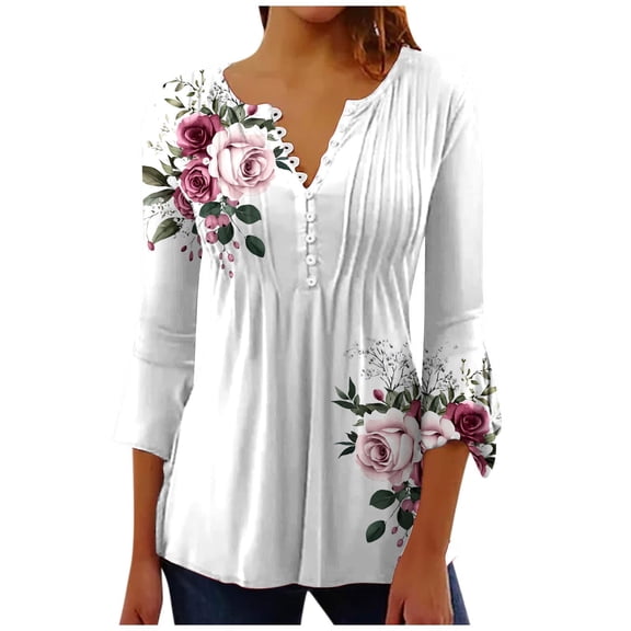 Puntoco Plus Size Tops 3/4 Sleeve Tops for Women Summer Notched V Neck Plain T Shirts Casual Three Quarter Length Dressy Blouses Multicolor 4(S)