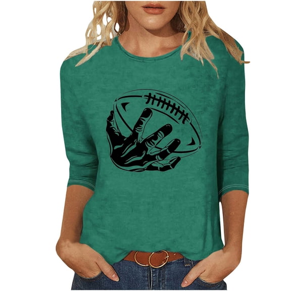 Puntoco Plus Size Tops Ladies' Printed Round Neck Three Quarter Sleeve 3/4 Sleeve T-Shirt Loose Top Green L(L)