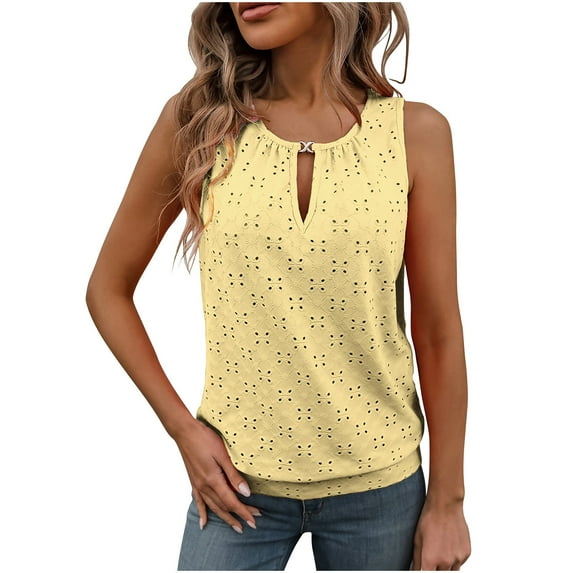 Puntoco Plus Size Tops Women Fashion Elegant Personality Buckle U Collar Solid Color Sleeveless Tank Top T-Shirt Crew-Neck Tank Top Yellow XL(XL)
