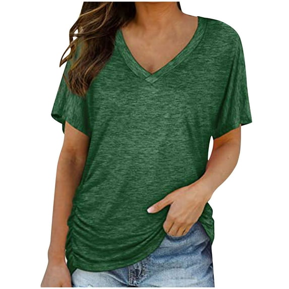 Puntoco Plus Size Tops 2025 Clearance Women Sexy Short Sleeve Sequins Loose Polluer Solid V-Neck Blouse Shirt Green XXL(XXL)