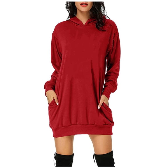 Puntoco Plus Size Women Hooded Dress Long Sleeves Pockets Short Sweatshirt Dress Red 12(XXL)