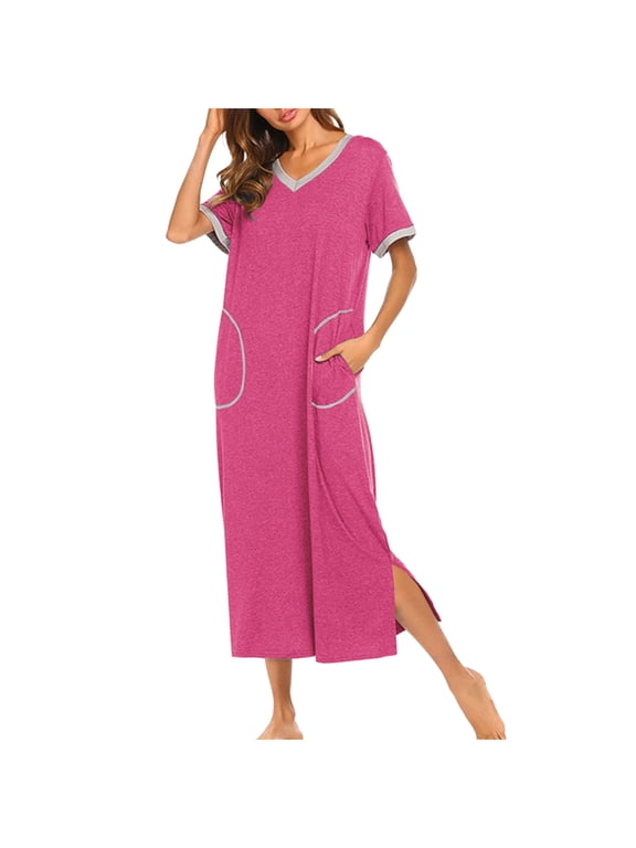 Plus Size Women’s Nightshirt Short Sleeve Nightgown Ultra-Soft Full Length Sleepwear Dress Hot Pink 12(XXL)