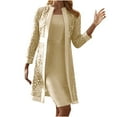 thumbnail image 1 of Puntoco Plus Size Women's Solid Color Lace Hollow Out Long Sleeve Cardigan + Sleeveless Dress Two Piece Sets Blouses Beige 4(S), 1 of 5