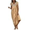 thumbnail image 1 of Puntoco Plus Size Women's Summer Solid V-Neck Lace Short Sleeve Pullover Dress Khaki 14(XXXL), 1 of 4