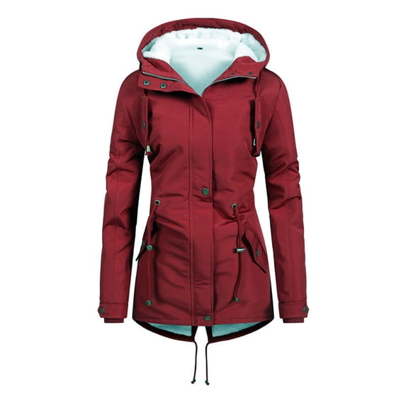 Puntoco Plus Size Women's Winter Solid Color Thickened Plush Cotton Coat Cotton Jacket Warm Plush Coat Wine 8(L)