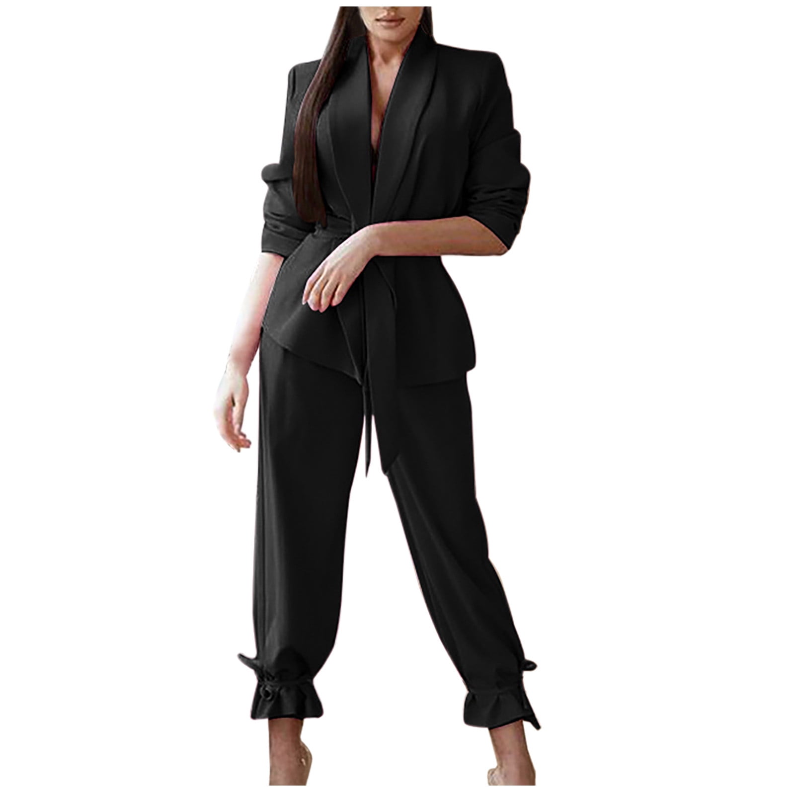 Puntoco Plus Size pants Clearance Women's Long Sleeve Solid Suit