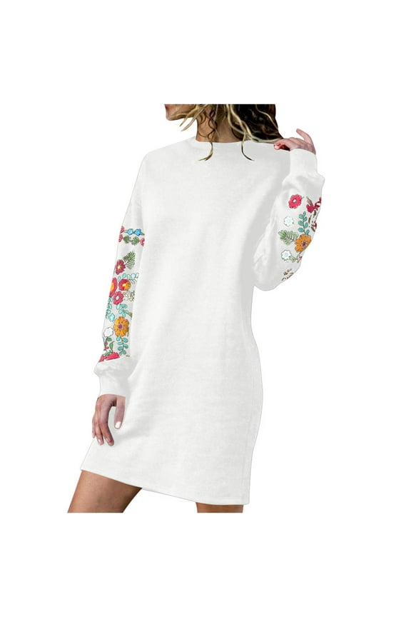 Plus Size and Winter Women Long Sleeve Printed Solid Embroidered Long Dresses White 12(XXL)