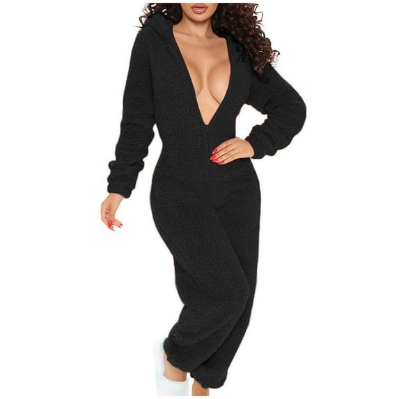 Puntoco Plus size Clearance Women's Winter 3D Ear Buttoned Flap Functional Costume Zipper Front Hooded Lounge Jumpsuit Comfortable Pajamas Black 10(XL)