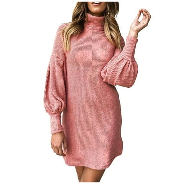Puntoco Plus size clearance Womens Turtleneck Sweater Dress Ladies Long Sleeve Jumper Mini Dresses Pink XXXL(XXXL)