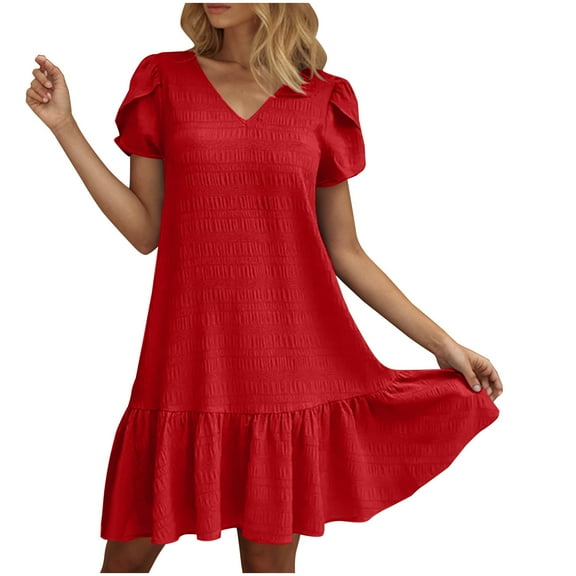 Puntoco Plus size dresses Shirt Dresses for Women 2025 V Neck Ruffle Short Sleeve Loose Casual Flowy Summer Shift Dress Red XL(XL)