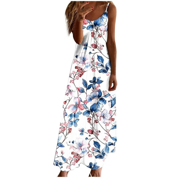Puntoco Plus size dresses Sleeveless Dresses for Womens 2025 Beach Cotton Linen Floral Printed Dresses with Pockets Casual Flowy Long Dress Multicolor-D XL(XL)