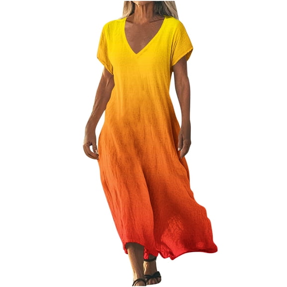 Puntoco Plus size dresses Women Short Sleeve Deep V-Neck Casual Long Dress Sexy Pleated Waist Maxi Dresses with Pockets Orange XL(XL)