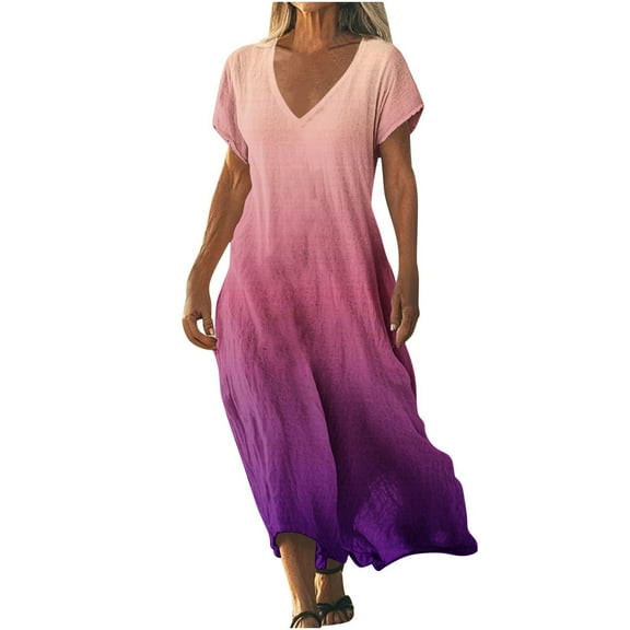 Puntoco Plus size dresses Women Short Sleeve Deep V-Neck Casual Long Dress Sexy Pleated Waist Maxi Dresses with Pockets Pink S(S)
