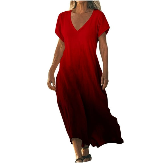 Puntoco Plus size dresses Women Short Sleeve Deep V-Neck Casual Long Dress Sexy Pleated Waist Maxi Dresses with Pockets Wine XXL