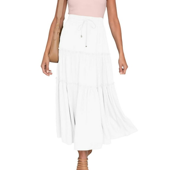 Puntoco Plus size dresses Women's Casual Summer Skirts Boho High Elastic Waisted Flowy Drawstring Ruched A Line Tiered Midi Dress Skirt White 8(L)