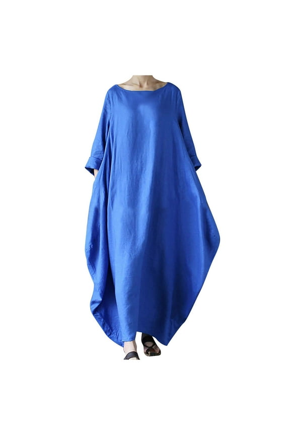 Plus size dresses Women's Summer Casual Cotton Linen Loose Short Sleeve Round Neck Solid Dress Blue 8(L)
