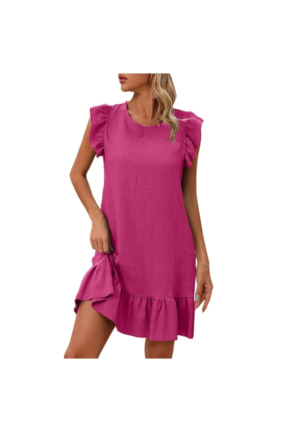 Plus size dresses Women's Summer Dresses Sleeveless Ruffle Sleeve Round Neck Solid Loose Short Flowy Pleated Mini Babydoll Dress Hot Pink L(L)