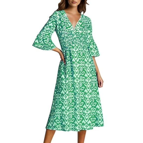 Puntoco Plus size dresses Women's Summer High Waisted Midi Skirt Elastic Waistband A-Line Skirt with Pockets Green S(S)