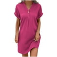 thumbnail image 1 of Puntoco Plus size dresses Womens Summer Casual T Shirt Dress Short Sleeve Crewneck Pleated Front Loose Beach Flowy Mini Dresses Watermelon Red 10(XL), 1 of 6