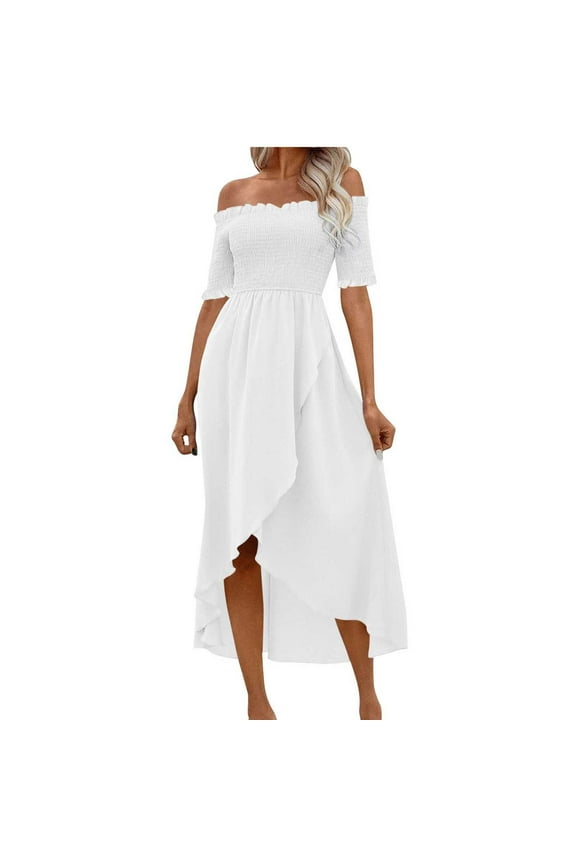 Plus size dresses off Shoulder Dresses for Women,Women's Sexy Summer Short Sleeve off Shoulder Ruffle Irregular Dresses White M(M)
