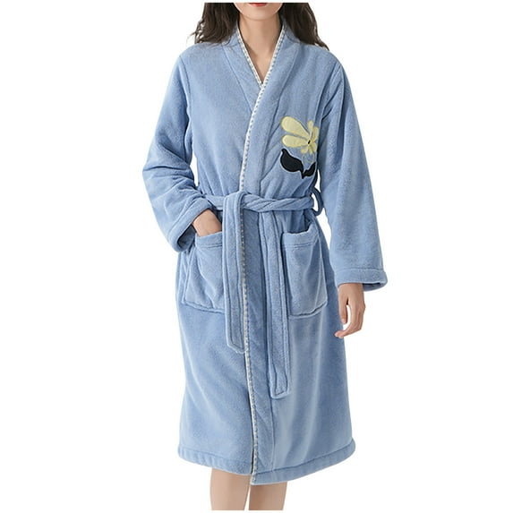 Puntoco Plush Fleece Robe for Women, Long Hooded Bathrobe , Plus Size Blue Free Size