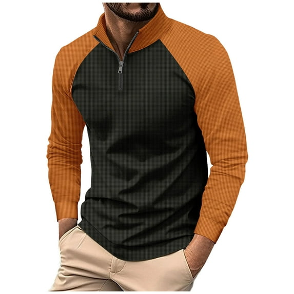 Puntoco Polo Shirts for Men Golf Shirts Long Sleeve Zip Up Lapel Business Smart Casual Tops Henley V Neck Winter Clothing for Men Orange S(S)