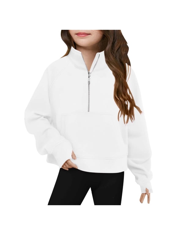 Quarter Zip Sweatshirt for Girls Long Sleeve Zip Mock Neck Pullover Fall Casual Oversized Sweatshirts with Pocket White 13 Years