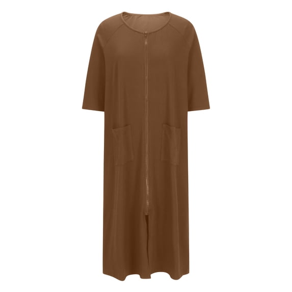 Puntoco Robes for Women Zipper Front Bathrobe Short Sleeve House Coat Long Nightgown with Pockets Soft Loungewear
