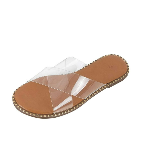 Puntoco Sandals for Women Clearanc Womens Studded Flat Sandals Open Toe Slip On Mule Slides Crossed Strap Slipper Clear 8.5(41)