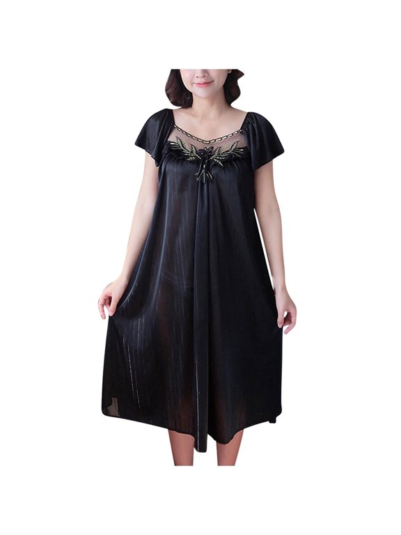Satin Nightgowns for Women Midi Sleep Nightgown, Lace V Neck Flutter Sleeve Loose Calf Length Loungewear Dress